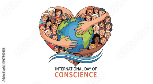 Illustration of diverse people forming a heart around the Earth, symbolizing global unity and peace for International Day of Conscience with a colorful and compassionate design.