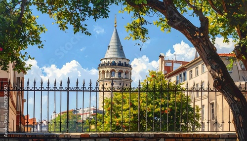 A view of a historic tower through a fence and tree branches