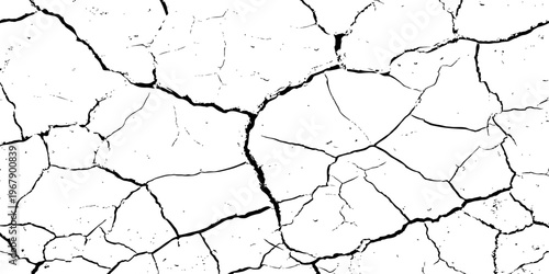 Cracked, parched earth texture in black and white with bold fissures and dry, fragmented patterns—ideal for desert, drought, or climate crisis visuals in design, illustration, or concept art.	