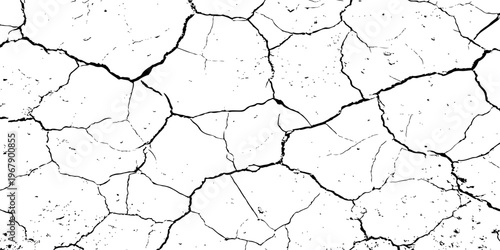 A high-contrast, black and white texture overlay of extensively cracked and distressed dry ground, featuring jagged, organic fissures and subtle granular details against a stark white background.	