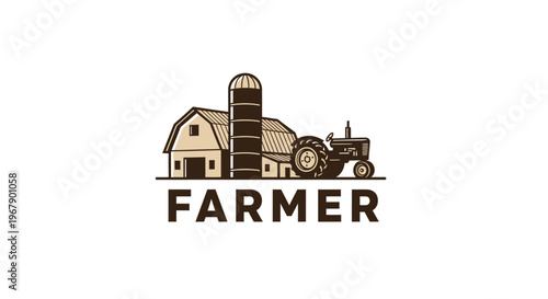 Farm scene with barn, silo, tractor, and farmer text, a rural agricultural illustration.