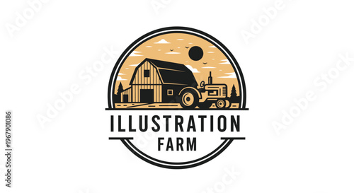 Farm Illustration Depicting Barn and Tractor in a Circular Design.