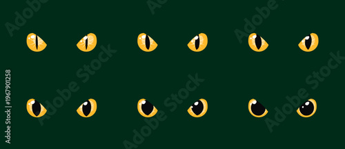 Set of yellow purple glowing eyes dark green background fantasy magic cartoon animal reptile. feline mammal monster demon dragon shiny pupil vector illustration