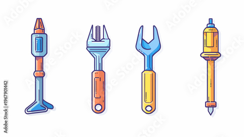 Four stylized tools, illustration with outlines and limited color palette on white