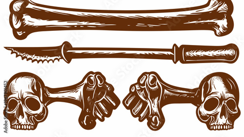 A brown sketch shows a bone, serrated knife, and skull-bone dummbbells