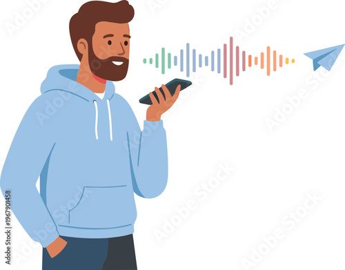 Man speaks into phone with sound wave and paper airplane nearby