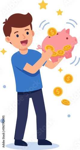A boy excitedly holds a pink piggy bank with coins falling around him indoors.