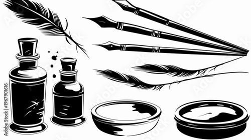 Black & white vector drawing of quills, ink bottles, & pots in ornate, vintage style
