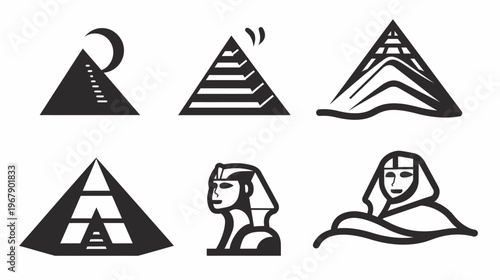 Black and white graphic elements depict pyramids and Sphinx variations
