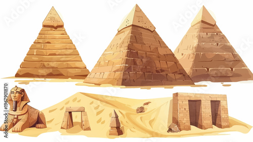 Watercolor illustration of Egyptian pyramids, sphinx, and other ancient structures