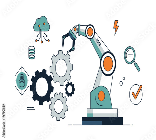 Digital transformation concept with robotic arm automation, data analysis, and cloud computing processes in modern industrial technology for efficiency
