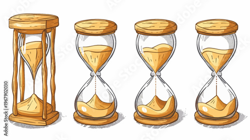 Four hourglasses showing stages of sand falling, colored sketch on a white backdrop
