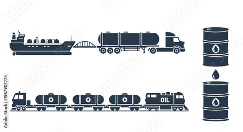 Oil Transportation Methods - Ship, Truck, Train, and Barrels.