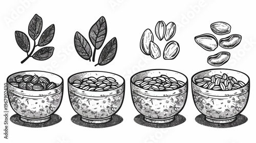 Stylized illustration of seeds and leaves, with bowl textures in shades of gray