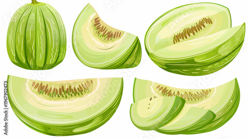 Illustration of whole and sliced, green netted rind melons on a white backdrop