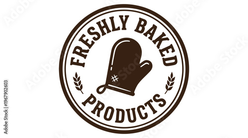 Freshly baked products logo with oven mitt and circular design.