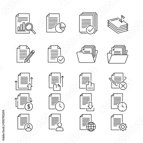 Document icons illustrate various office supplies and files on a desk.
