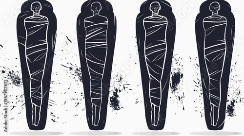 Four dark, stylized mummy sarcophagi stand among black paint splatter on white background