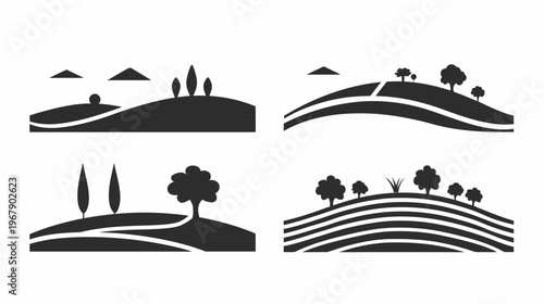 Four vector landscape scenes rolling hills and trees, in grayscale, simple outlines