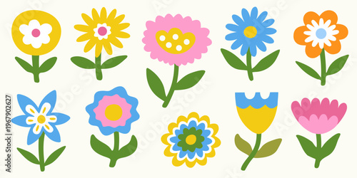 Colorful stylized flowers arranged in a cheerful and playful composition