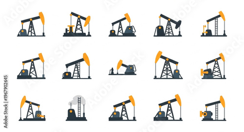 Oil Pumpjack Icons - Extracting Crude Oil with Mechanical Horse.