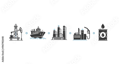 Oil Industry Process - Extraction, Transportation, Refining, Distribution, and Storage.