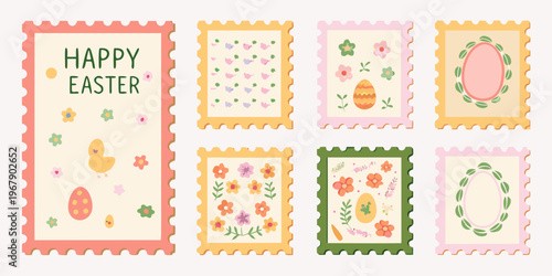 A collection of colorful decorative easter stamps with floral and egg designs