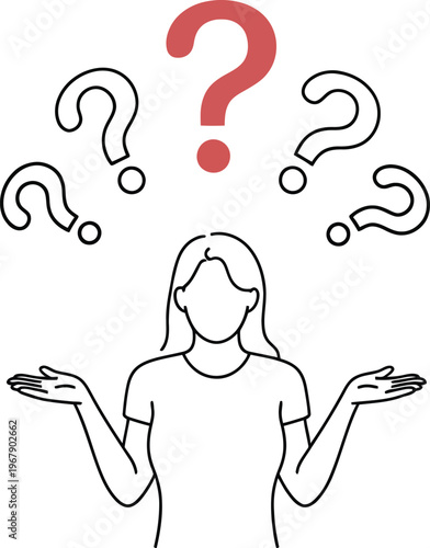 Woman with Question Marks Above Her Head, Expressing Confusion or Uncertainty