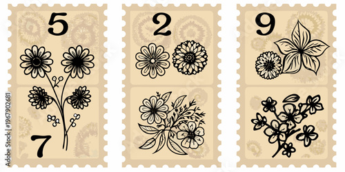 Vintage postage stamps featuring floral designs and bold numbers