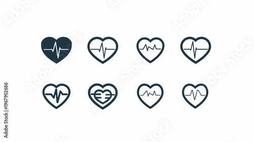 Various heart shapes with lines and symbols, dark blue on a white background