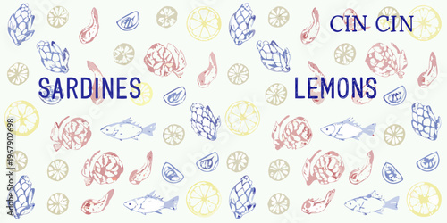 Stylized pattern of sardines lemons and artichokes in blue and red