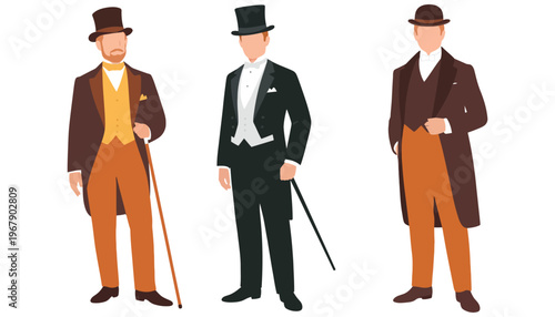 Men in vintage suits and hats standing in formal poses illustration