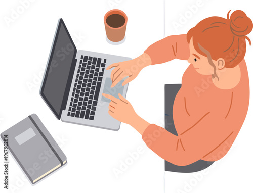 Woman works on laptop with notebook and coffee nearby indoors