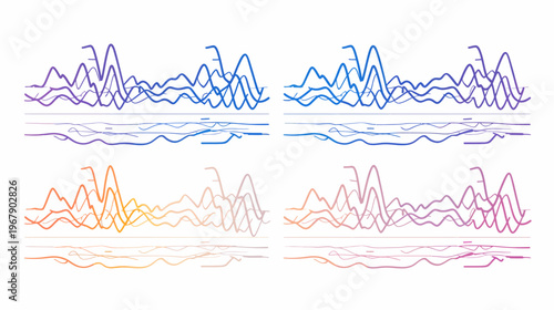 Four stylized soundwaves of varying colors with reflected base lines on white