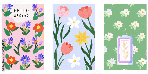 Colorful floral patterns with spring greetings displayed in vertical panels