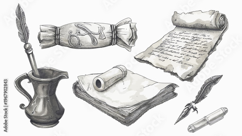 Monochrome sketch featuring quill pens, rolled documents, inkwell, and stacks of paper