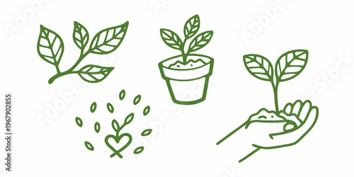 Hand drawn illustration of plants seeds and a hand holding soil