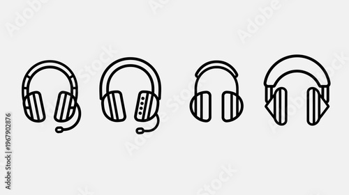 Four stylized icons of headphones with minimalist, thick black line on white