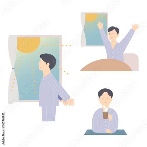 健康的な朝の習慣を送る男性のイラスト