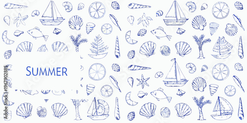 Hand drawn sketch of seashells sailboats fish and tropical plants