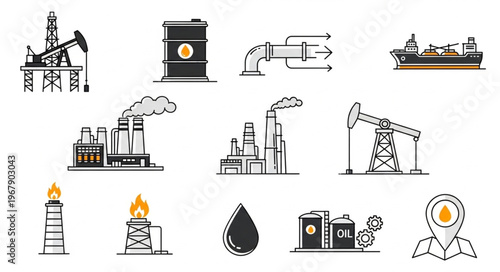 Oil and Gas Industry Icons - Extraction, Processing, and Transportation.