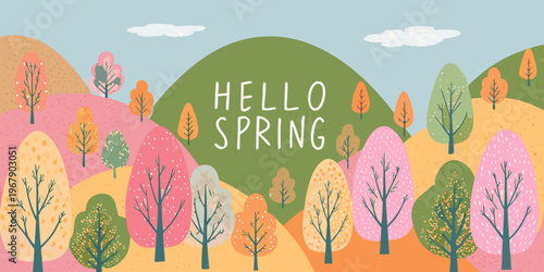 Colorful spring landscape with stylized trees and a welcoming message