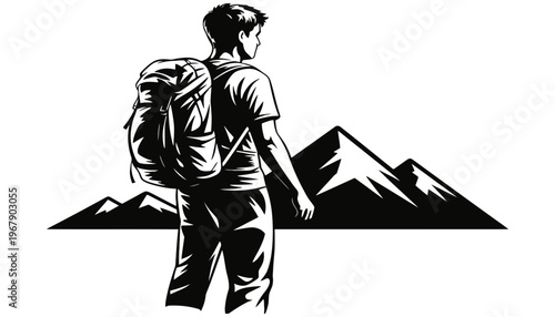 A hiker silhouette standing in front of a mountain range illustration