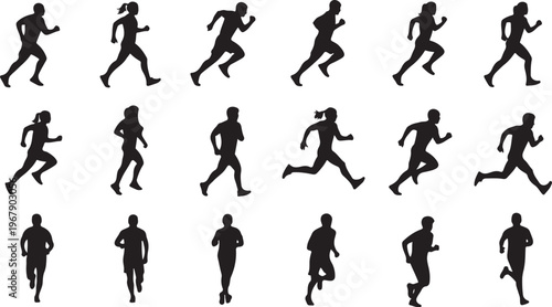Collection of running silhouettes in various dynamic poses and movements