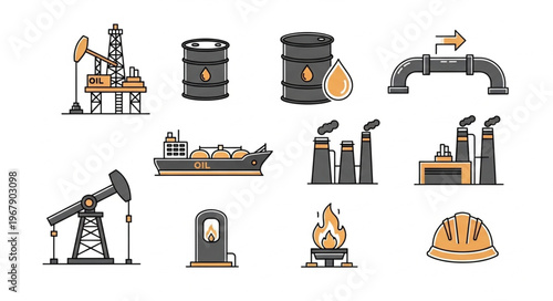Oil and Gas Industry Icons - Production, Transportation, and Safety.
