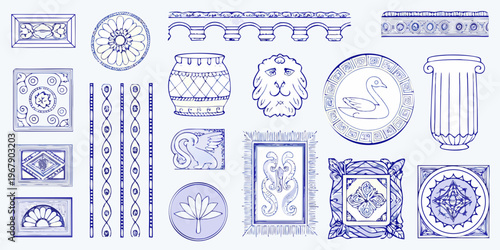 Collection of vintage blue and white porcelain and architectural details