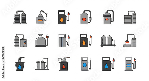 Collection of Gas Station and Oil Refinery Icons.