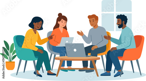 Four people collaborate on a laptop in a meeting discussion setting indoors