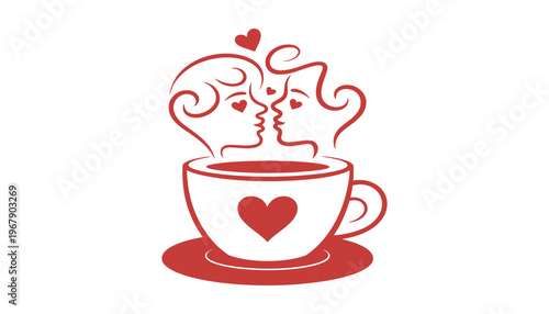 A heartwarming illustration of lovers kissing over a cup of coffee