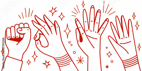 A collection of hands raised in celebration and protest symbols